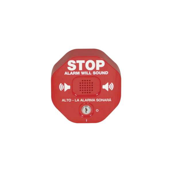 STI-6402 - STI - Anunciador Audible y Visible para Salida de Emergencia de Doble Hoja, Texto en Inglés y Etiquetas en Múltiples Idiomas