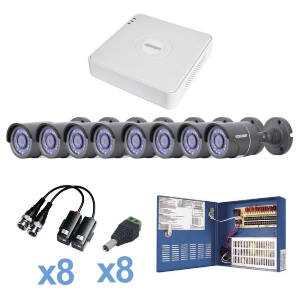 KESTXLT8B - EPCOM - Sistema TURBO HD720p / Incluye DVR 8 Ch / 8 Cámaras Balas (exterior 3.6 mm) / Conectores / Transceptores / Fuente de Poder Profesional hasta 15 Vcd para Larga Distancia