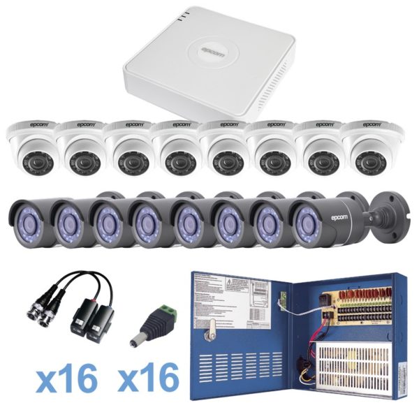 KESTXLT8B/8EW - EPCOM - Sistema TURBO HD720p / DVR 16 Canales / 8 Cámaras Bala (exterior, gran angular) / 8 Cámaras Eyeball / Transceptores / Conectores / Fuente de poder profesional Heavy Duty 20A, Hasta 15Vcd para Larga Distancia