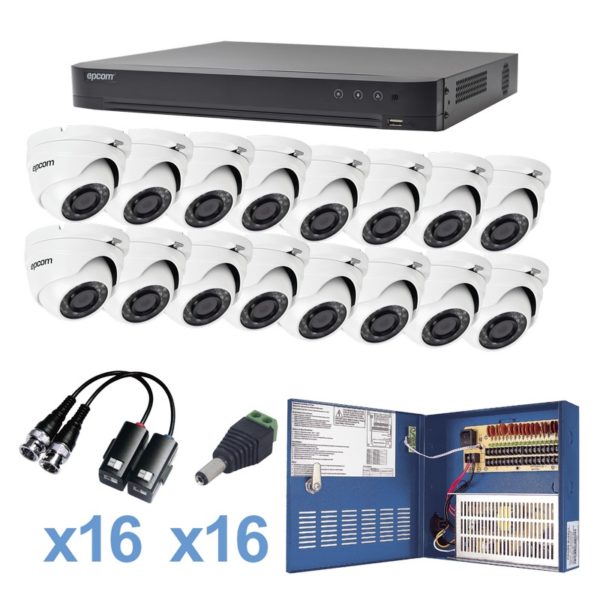 KEVTX8T16EW - EPCOM - Sistema TURBOHD 1080p / DVR 16 Canales / 16 Cámaras Eyeball (exterior 2.8 mm) / Transceptores / Conectores / Fuente de Poder Profesional