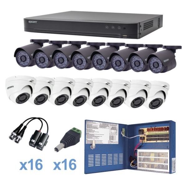 KEVTX8T8B/8EW - EPCOM - Sistema TURBOHD 1080p / DVR 16 Canales / 8 Cámaras Bala (exterior 2.8 mm) / 8 Cámaras Eyeball (exterior 2.8 mm) / Transceptores / Conectores / Fuente de Poder Profesional