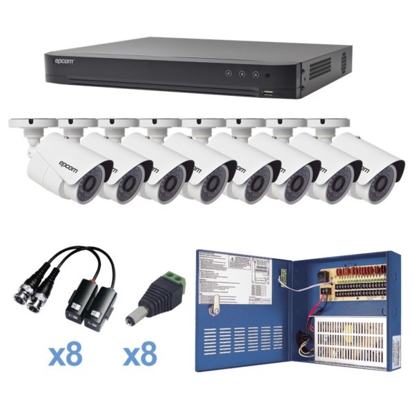 KEVTX8T8BW - EPCOM - Sistema TURBOHD 1080p / DVR 8 Canales / 8 Cámaras Bala (exterior 2.8 mm) / Transceptores / Conectores / Fuente de Poder Profesional hasta 15 Vcd para Larga Distancias