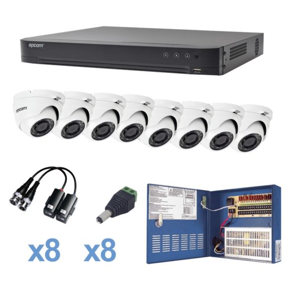 KEVTX8T8EW - EPCOM - Sistema TURBOHD 1080p / DVR 8 Canales / 8 Cámaras Eyeball (exterior 2.8 mm) / Transceptores / Conectores / Fuente de Poder Profesional hasta 15 Vcd para Larga Distancia