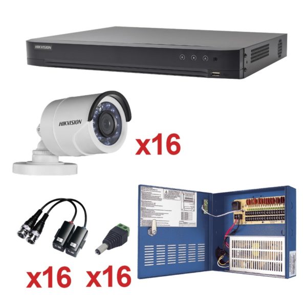 KH1080P16BW - HIKVISION -  Sistema HIKVISION TURBOHD 1080p / DVR 16 Canales / 16 Cámaras Bala (exterior 2.8 mm) / Transceptores / Conectores / Fuente de Poder Profesional