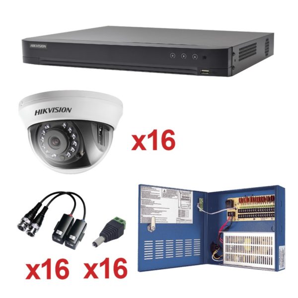 KH1080P16DW - HIKVISION -  Sistema HIKVISION TURBOHD 1080p / DVR 16 Canales / 16 Cámaras Domo (interior 2.8 mm) / Transceptores / Conectores / Fuente de Poder Profesional