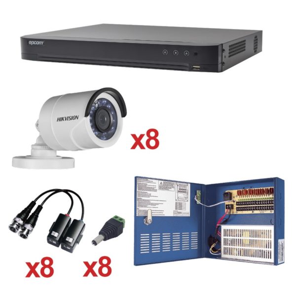 KH1080P8BW - HIKVISION - Sistema HIKVISION TURBOHD 1080p / DVR 8 Canales / 8 Cámaras Bala (exterior 2.8 mm) / Transceptores / Conectores / Fuente de Poder Profesional hasta 15 Vcd para Larga Distancia