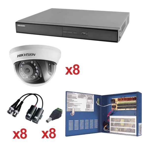 KH1080P8DW - HIKVISION -  Sistema HIKVISION TURBOHD 1080p / DVR 8 Canales / 8 Cámaras Domo (interior 2.8 mm) / Transceptores / Conectores / Fuente de Poder Profesional hasta 15 Vcd para Larga Distancia