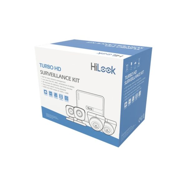 KIT7202BD - HiLook - Kit 720p TURBOHD / DVR 4 canales / 2 Cámaras Bala / 2 Cámaras Domo / Cables 18 Mts / 1 Fuente de Poder Profesional