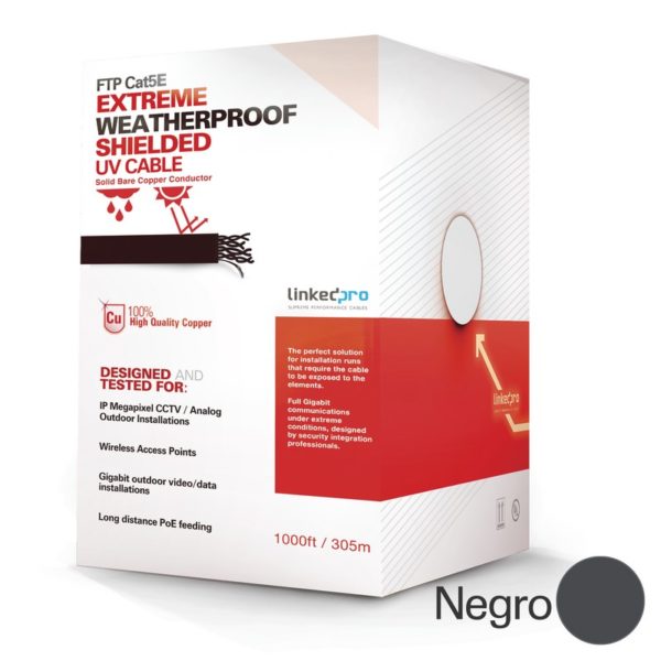 PROCAT5EXT/500 - LINKEDPRO - Cable Cat5e tipo FTP Bobina de cable de 500 ft (152.5 m), tipo FTP Cat5e para ambientes extremos, UL, color Negro, blindado,  cobre, para aplicaciones en CCTV, redes de datos. Uso Intemperie.