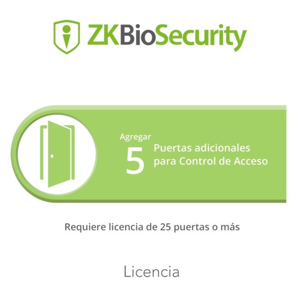 ZK-BS-AC-5ADD - ZKTECO - Licencia para ZKBiosecurity permite agregar 5 puertas adicionales (requiere licencia de 25 puertas o mas)