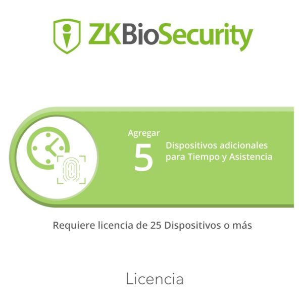 ZK-BS-TA-5ADD - ZKTECO - Licencia para ZKBiosecurity permite agregar 5  dispositivos para tiempo y asistencia adicionales (requiere licencia de 25 dispositivos o mas)