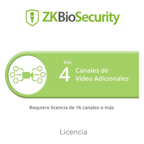 ZK-BS-VID-4CH-ADD - ZKTECO - Licencia para ZKBiosecurity para modulo de video para 4 canales de video adicionales (requiere licencia de 16 canales o mas)